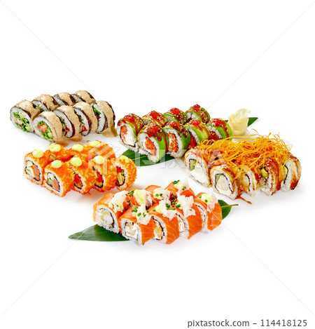 Diverse collection of specialty sushi rolls on bamboo leaves Diverse collection of specialty sushi rolls on bamboo leaves 114418125
