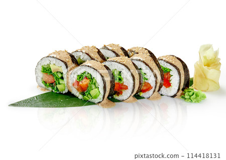 Vegetarian sushi rolls with peanut sauce on bamboo leaf 114418131