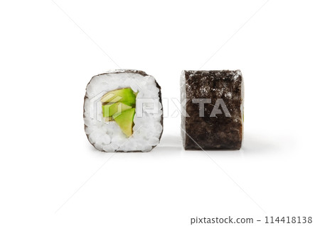 Closeup of light vegetarian avocado maki rolls on white Closeup of light vegetarian avocado maki rolls on white 114418138