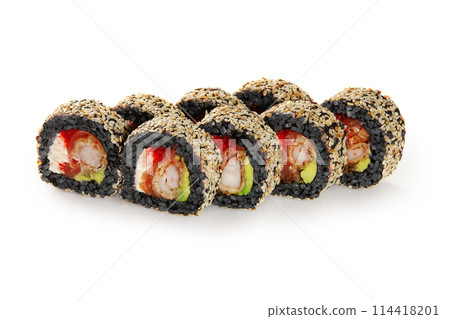 Black rice sushi roll with tempura shrimp on white Black rice sushi roll with tempura shrimp on white 114418201