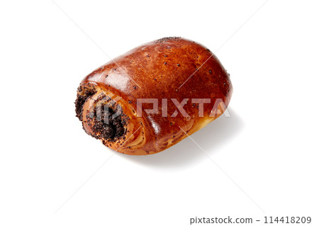Baked sweet roll with poppy seed filling on white Baked sweet roll with poppy seed filling on white 114418209