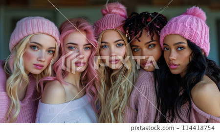 Group of Women Wearing Pink Hats and Sweaters 114418754