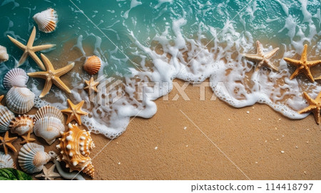 Seashells and Starfish on Sandy Beach Seashells and Starfish on Sandy Beach 114418797