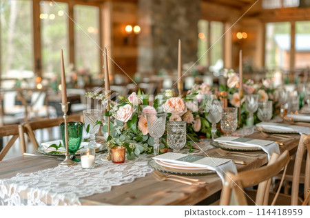 Long Table With Flowers and Candles 114418959