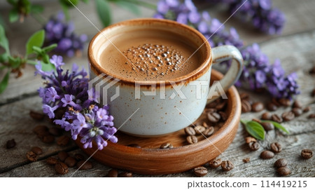 A Cup of Coffee and Purple Flowers 114419215