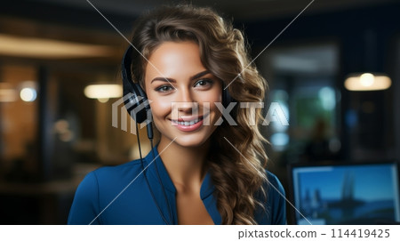 Smiling Woman With Headphones 114419425