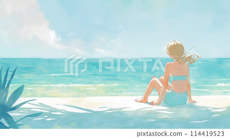 A summer landscape illustration of a girl in a swimsuit gazing at the ocean in a tropical sea 114419523