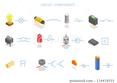 3D Isometric Flat  Conceptual Illustration of Circuit Components, Electronics Related Parts 114419553