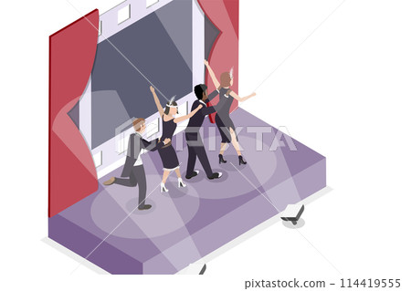 3D Isometric Flat Conceptual Illustration of 1920s Fashion, Broadway Dancers of 20s 3D Isometric Flat Conceptual Illustration of 1920s Fashion, Broadway Dancers of 20s 114419555