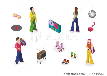 3D Isometric Flat Conceptual Illustration of Fashion History, 1970s Designe Elements 3D Isometric Flat Conceptual Illustration of Fashion History, 1970s Designe Elements 114419562