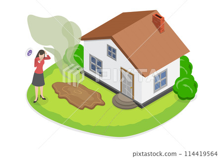 3D Isometric Flat  Conceptual Illustration of Puddle Of Sewage, Sewing Problems 114419564