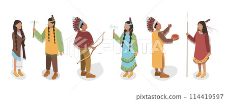3D Isometric Flat  Set of Indigenous People, First Nation Characters in Traditional Clothing 114419597