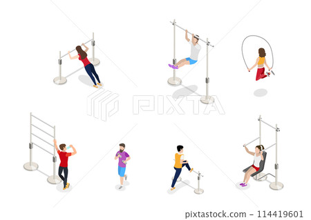 3D Isometric Flat  Conceptual Illustration of Outside Gym, Outdoor Athletic Zone 114419601