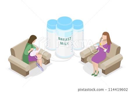 3D Isometric Flat  Conceptual Illustration of Breast Milk Donation, Female Donor is Collecting Milk with Pump 114419602