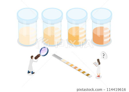 3D Isometric Flat Conceptual Illustration of Urine Solution Stages, Liquid in a Glass Laboratory Beaker 3D Isometric Flat Conceptual Illustration of Urine Solution Stages, Liquid in a Glass Laboratory Beaker 114419616
