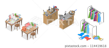 3D Isometric Flat  Conceptual Illustration of Decluttering, Cleaning Unused Items 114419618