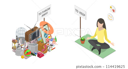 3D Isometric Flat  Conceptual Illustration of Decluttering, Figuring out with Mess 114419625