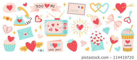Valentines day vector elements set. Cartoon style for stickers and greeting cards 114419720