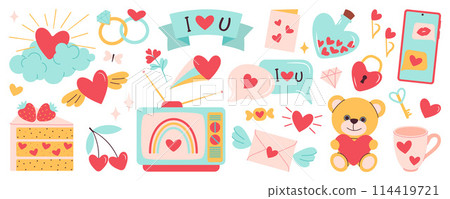 Valentines day vector elements set. Flat style for stickers and greeting cards 114419721