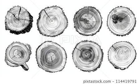 Monochrome illustrations of tree stump rings in a circle pattern 114419791