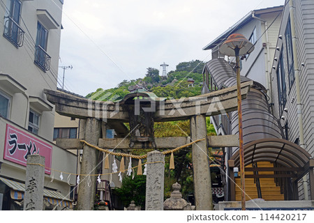 Stone torii gate of Onomichi Gon Shrine and the Senkojiyama Ropeway station Stone torii gate of Onomichi Gon Shrine and the Senkojiyama Ropeway station 114420217