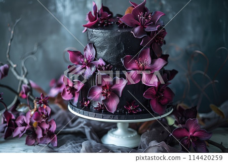 Floral Symphony: Decadent Chocolate Cake with Roses and Berries. Dark Romance Cake 114420259