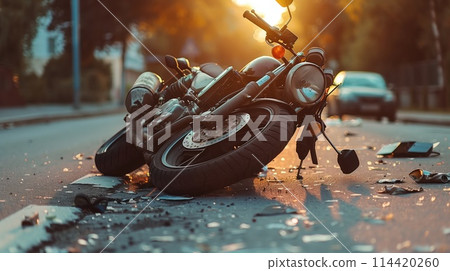 Broken motorcycle on the asphalt road in the rain. The concept of accident 114420260