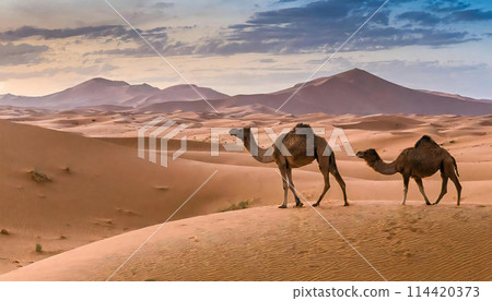 Image of a camel walking through the desert 114420373