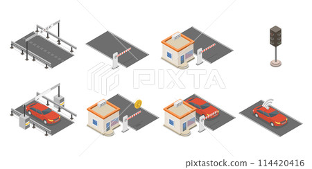 3D Isometric Flat  Conceptual Illustration of Electronic Tolls, Station Gate 114420416