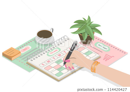 3D Isometric Flat  Conceptual Illustration of Planner, Todo List 114420427