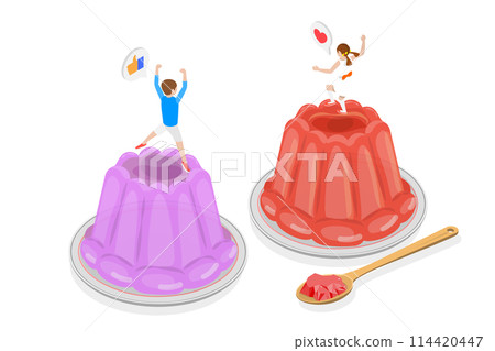 3D Isometric Flat  Conceptual Illustration of Jelly, Happy Kid Jumping on Dessert 114420447