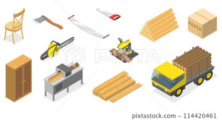 3D Isometric Flat  Conceptual Illustration of Wooden Timbered Materials, Natural Lumber, Carpentry Tools 114420461