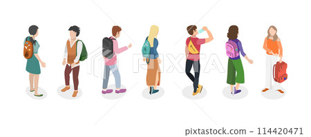 3D Isometric Flat  Conceptual Illustration of People With Backpacks, Set of College Students 114420471