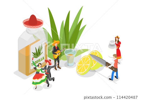 3D Isometric Flat Set of Tequila, Mexican Alcohol Drink 3D Isometric Flat Set of Tequila, Mexican Alcohol Drink 114420487