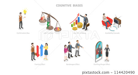 3D Isometric Flat  Conceptual Illustration of Cognitive Biases, Perception Process to Interpret Information 114420490