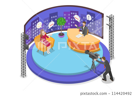 3D Isometric Flat  Conceptual Illustration of Talk Show, Broadcasting Room Interior 114420492