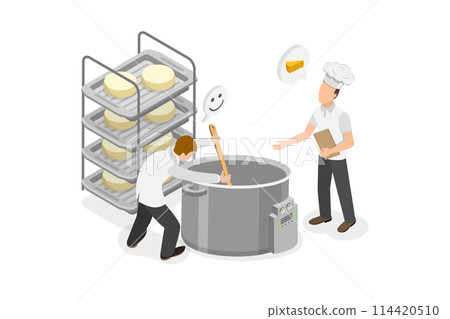 3D Isometric Flat  Conceptual Illustration of Making Cheese, Process of Dairy Product Production 114420510