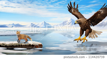 人工智慧生成的圖像顯示，一隻虎頭海雕飛過浮冰，瞄準迷失的狐狸幼崽 114420739