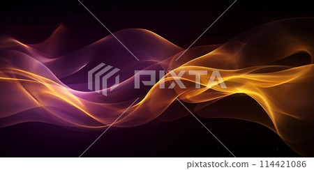 Abstract horizontal template with texture of smoke or ink in water. Purple and orange fluid on black background. AI generated image Abstract horizontal template with texture of smoke or ink in water. Purple and orange fluid on black background. AI generated image 114421086