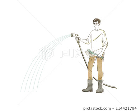 A man spraying water with a garden hose 114421794
