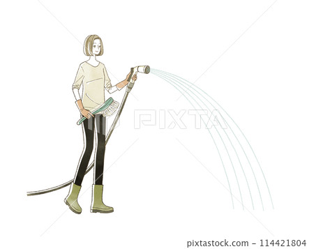 A woman spraying water with a garden hose 114421804