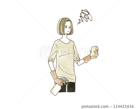 A woman holding cleaning tools with a troubled expression A woman holding cleaning tools with a troubled expression 114421816