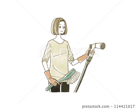 A woman holding a watering hose A woman holding a watering hose 114421817