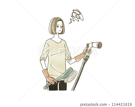一個女人拿著水管,表情困惑 一個女人拿著水管,表情困惑 114421819