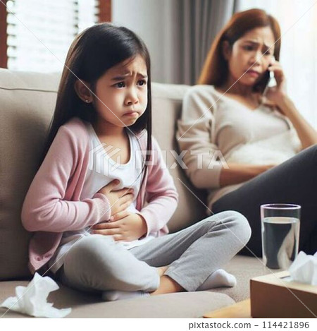 一名孩子因腹痛而摀著肚子，但不知道原因。 114421896