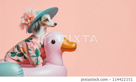 Funny dog wearing summer fashion with rubber ring on pastel background. Summer Vacation Concept. 114422151