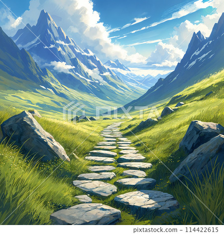A rocky path through a mountainous landscape. 114422615