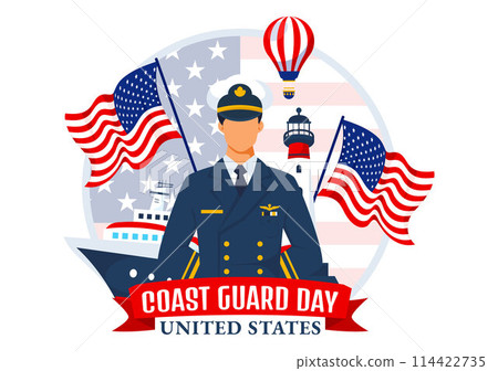 United States Coast Guard Day Vector Illustration on August 4 with American Waving Flag and Ship in National Holiday Flat Cartoon Background 114422735