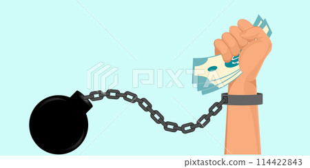 Hand holding cash money in hand bound by shackles chain. Hand holding cash money in hand bound by shackles chain. 114422843