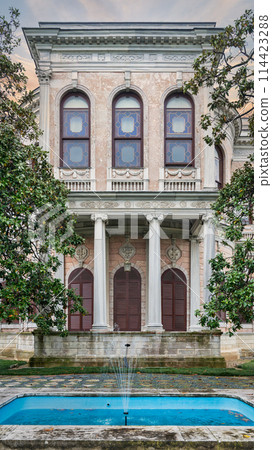 Historic Ottoman 19th century Mecidiye Pavilion, located in Beykoz, Istanbul, Turkey, with a large fountain in front Historic Ottoman 19th century Mecidiye Pavilion, located in Beykoz, Istanbul, Turkey, with a large fountain in front 114423288